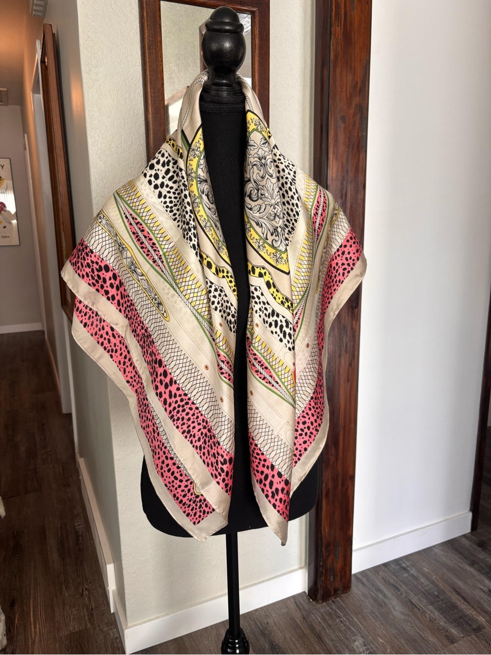 Cream and Pink Patterned Satin Scarf